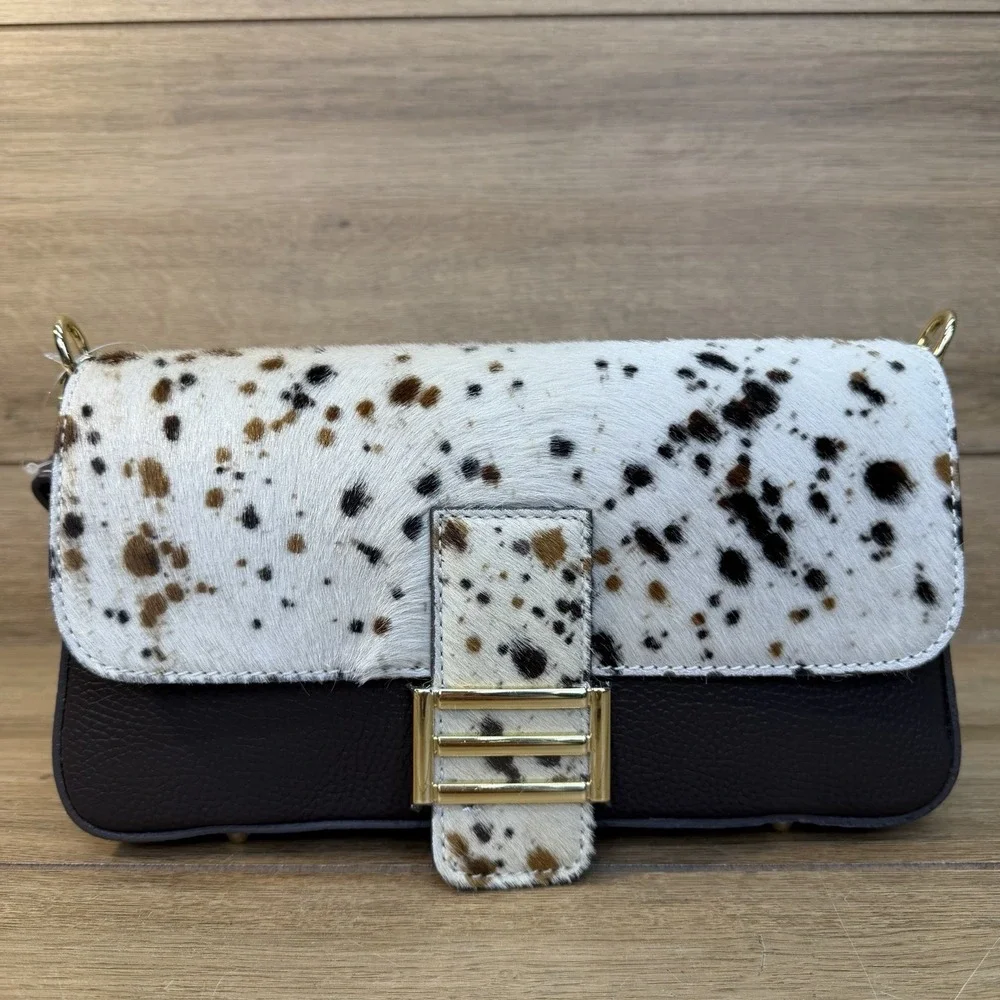 Divine Firenze Italy Calf Hair Cowhide Leather Baguette Flap Shoulder Bag Purse